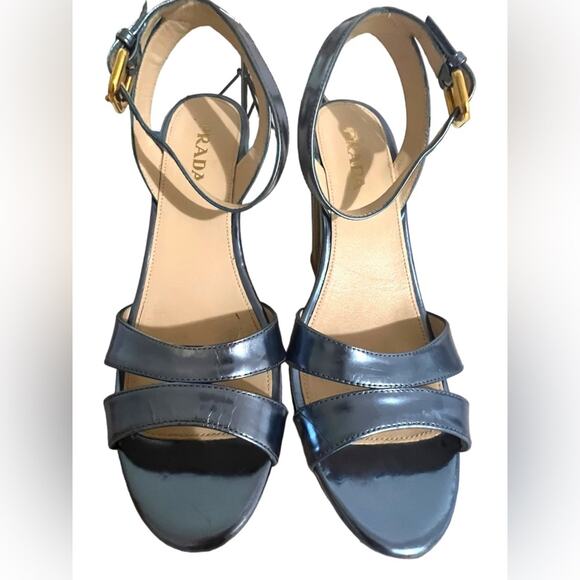 Prada Blue Metallic Leather Platform Wedge Sandal Size 7 or 37 EU - Picture 4 of 17